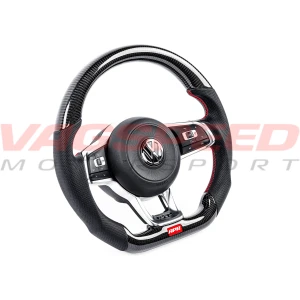 Volante APR de fibra de carbono y cuero perforado con costuras rojas MK7 GTI DSG