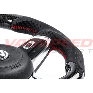 Volante APR de fibra de carbono y cuero perforado con costuras rojas MK7 GTI DSG