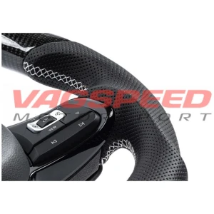 Volante APR de fibra de carbono y cuero perforado con costuras blancas MK7 R DSG