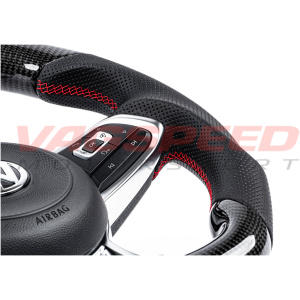 Volante APR de fibra de carbono y cuero perforado con costuras rojas MK7 GTI DSG